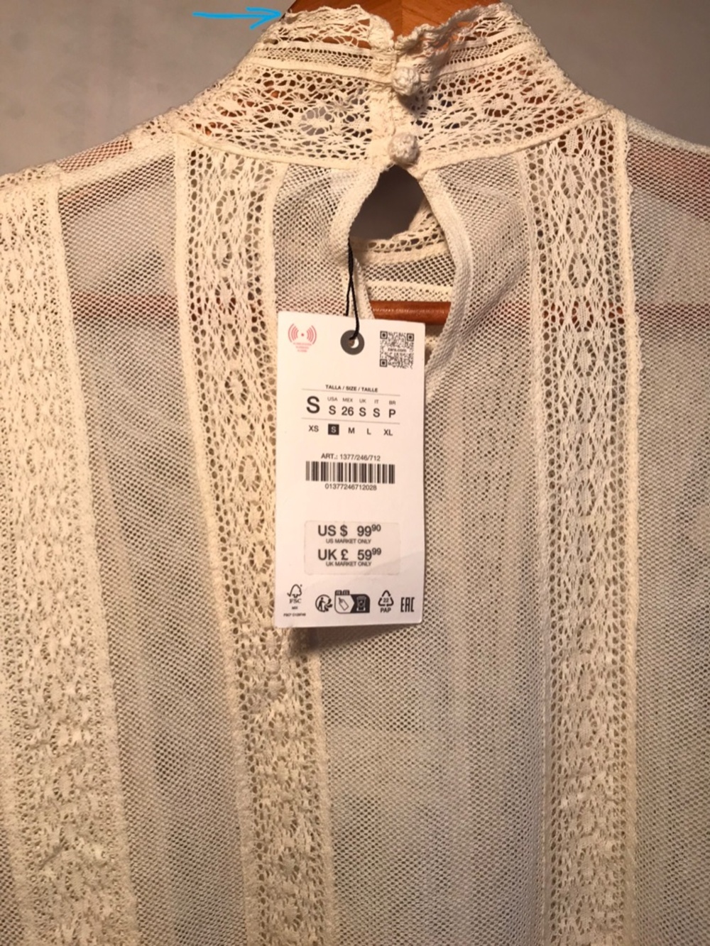 Zara Romantic Lace Blouse Semi-Sheer High Neck Ladder Stitch Size Small - Picture 13 of 15